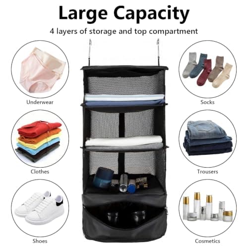 Jonuin Hanging Suitcase Organizer, 3-Shelf Instant Wardrobe with Metal Hooks, Portable Hanging Travel Shelves, Foldable Hanging Travel Storage Organiser for Clothes, Towels, Toys, Shoes (Black) — view 3