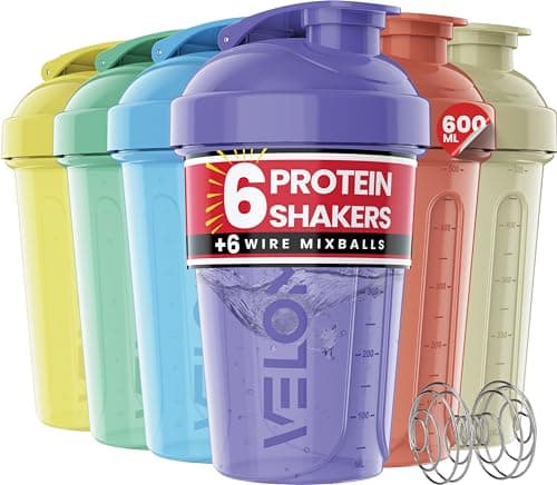 VELOMIX 6 Pack 600ml Protein Shaker Bottle, Pastel Shades