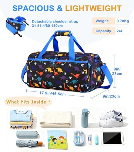 Overnight Bag for Kids, VASCHY Large Capacity Travel Duffle Bag for Boys Lightweight Holdall Bag Weekender Bag with Shoes and Seperated Dry Wet Compartment for School, Dance, Sport(Blue Dinosaur) — view 2