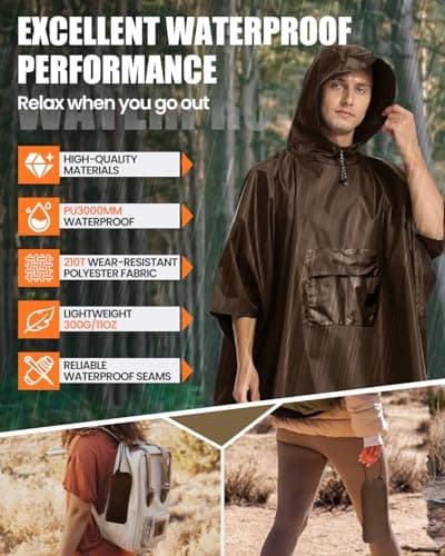 Evolpor Waterproof Poncho Adult,Poncho Waterproof Adult Lightweight Reusable Rain Poncho Adult Waterproof,Waterproof Raincoat for Outdoor Camping Hiking Traveling Cycling (Brown) — view 4