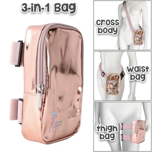 3-IN-1 Thigh Bag Fanny Pack Crossbody Bag | Carnival Leg Harness for Women | Holographic Waist Bag | Rave Leg Pack with Buckles, Rose Gold, One Size, 3-in-1 Thigh Bag, Fanny Pack, Crossbody — view 6