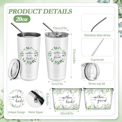 2 Sets Mother of Bride and Groom Gifts, Includes 590 ml Insulated Cups with Straw Handbag Makeup Bag Wedding Handkerchief Candles for Mom Mother in Law Bridal — view 2
