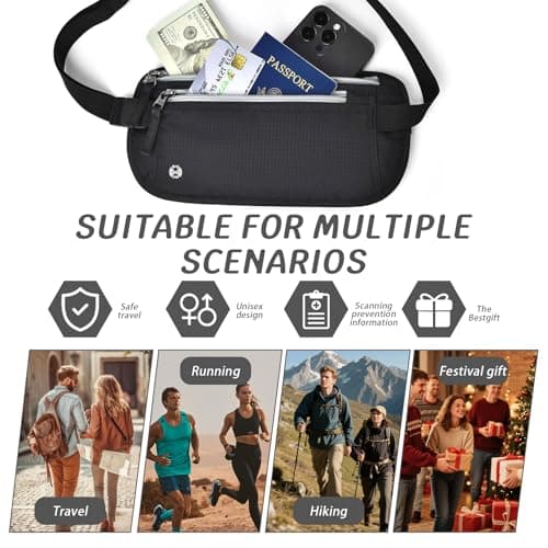 2 Pcs Travel Money Belt for Hidden Security Money Belts for Travel Hidden Women and Men - Multiple Pockets,Elastic Waistband,RFID Blocking,Lightweight and Durable for Running,Cycling(Black, Khaki) — view 5