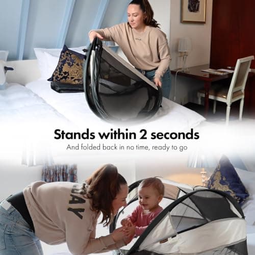 DERYAN Baby Travel Cot with Mattress from Birth to 2.5 Years - Pop Up Bed Tent Set Up in 2 Seconds - Includes Mosquito Net and Travel Bag, Fast & Compact Folding, Lightweight (Cream) — view 6