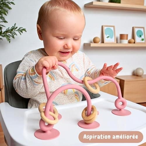 Infatot® Teething Suction Toy – Wood & Silicone Baby Toys 0-6 Months, Sensory Toy for Early Development, Suction Teether for High Chair, Baby Gift for Boys and Girls - Plum — view 2