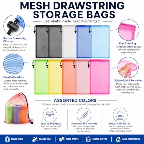 WYRGQIQN 10 Pack Multi-Coloured Drawstring Bags, Lightweight Nylon Mesh Storage Bags with Drawstring Closure, Reusable Gym Bags for Beach, Laundry, Sports Equipment, Toys and Travel Black — view 3