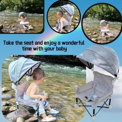 Little Bean Foldable Baby Booster Seat Dining Chair with Detachable Sunshade Travel Portable with Removable Tray for Indoor Outdoor Open Sit Folding Booster Feeding/Camping Chair for Toddler (Beige) — view 5