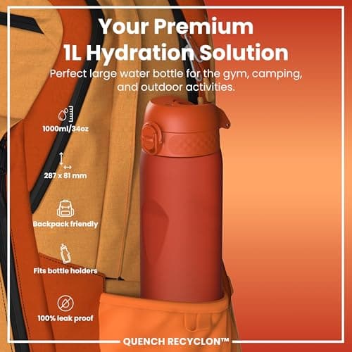 ION8 1 Litre Water Bottle, Leak Proof, Flip Lid, Carry Handle, Rapid Hydration, Dishwasher Safe, BPA Free, Contoured Grip, Ideal for Travel, Gym & Activity, Carbon Neutral Recyclon,32oz, Hearty Orange — view 2