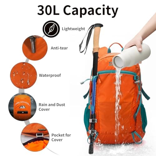 Lightweight Hiking Backpack, 30L Women/Men Waterproof Travel Rucksack Bag with Rain Cover, Outdoor Small Foldable Daypack for Student, Fit for 15.6 inch Laptop (Orange, 30l) — view 3