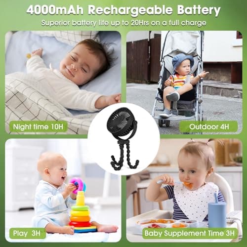 POPERFUN Pram Fan, Rechargeable 3-Speed Clip On Fan, Black — view 4
