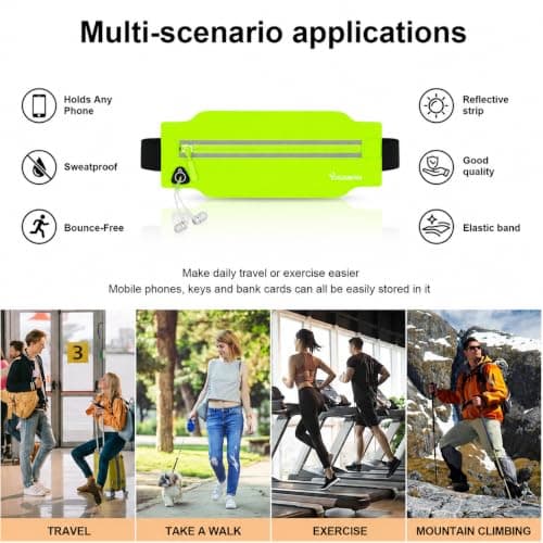 Running Belt for Men & Women, Slim Bum Bag & Running Phone Holder, No Bounce Waist Pack, Water Resistant Reflective Running Pouch, Adjustable Fitness Belt Fits All Smartphones(Silver-Green) — view 3