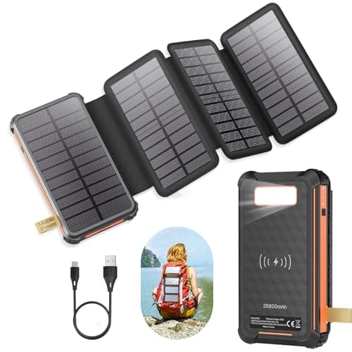 Solar Power Bank with 4 Foldable Solar Panels,USB C Port Fast Charging & 4 Foldable Solar Panels, Bright Flashlight, External Battery Pack for Cell Phones Tablets Camping