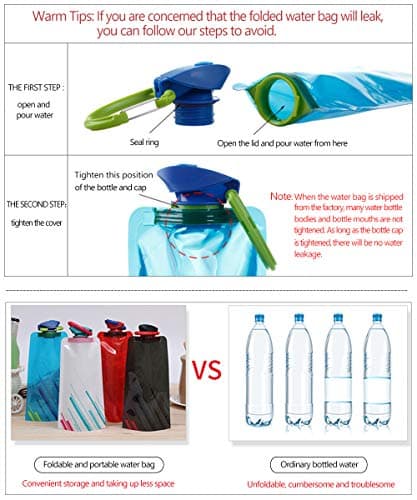 HMIEPRS 8PCS Collapsible Foldable Water Bottle, BPA Free Portable Reusable Water Bag with Carabiner for Outdoor Sports Hiking Adventure Travel Cycling Hiking (700ml, Blue, White, Red, Black) — view 4