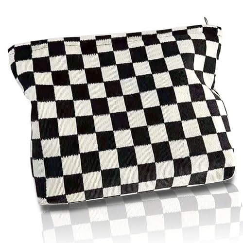 KEYRI Make up Bag Toiletry Bag Portable Travel Makeup Pouch Mini Cosmetic Bag Plaid Corduroy Zipper Pouch Cosmetic Organizer for Women and Girls Small Make up Bag (Black)