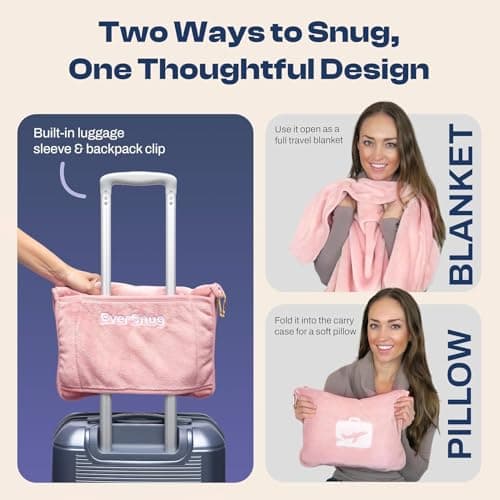 EverSnug Travel Blanket and Pillow - Premium Soft 2 in 1 Airplane Blanket with Soft Bag Pillowcase, Hand Luggage Belt and Backpack Clip (Light Pink) — view 2