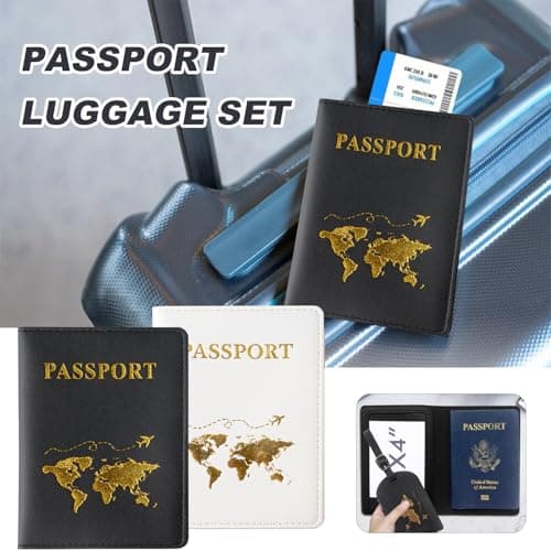 ZDNT 4 Pcs Passport Cover and Luggage Tag,Passport Holder,Passport Cover Luggage Tag Set,PU Leather Passport Holder Travel Wallet Case Organiser for Passport Credit Card Business ((White,Black)) — view 4