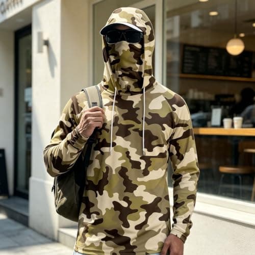 Men's Camo Sun Protection Hoodie with Face Cover, Lightweight Long Sleeve Fishing Shirt, Breathable Outdoor Hooded Top for Hiking and Camping — view 4
