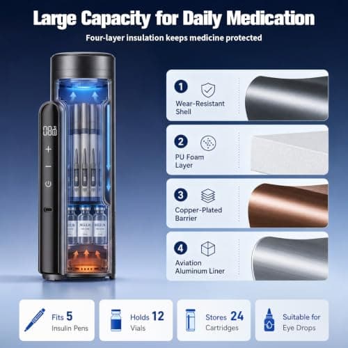 Electric Insulin Cooler Travel Case, Portable Medical Cooler with 0-18°C Dual Cooling & Heating Smart Temp Control, 9000mAh Large Battery, Aluminum Interior Hold 5 Insulin Pen & 24 Cartridge — view 5