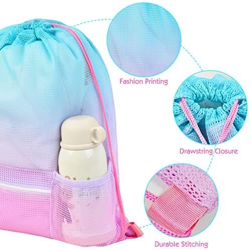 Mesh Drawstring Bag with Zipper Pocket, Beach Bag for Swimming Gear Backpack Gym Storage Bag for Adult Kids Pink Blue — view 6