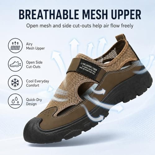 Hixingo Men's Sandals Closed Toe Wide Fit Size 7.5-10.5 UK Leather Sandals for Men Summer Beach Slippers Lightweight Adjustable Strap Non-Slip Sole for Walking Pool holiday (Khaki,8) — view 3