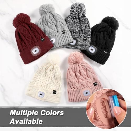 Wmcaps LED Beanie, Hat with a Light Built in Type-c Rechargeable Running Hat Ultra Bright 4 LED Light Hands Freely Head Torch Gifts for Dad Mum in Christmas Unisex Winter Warm Knit Beanie, Beige/White — view 4