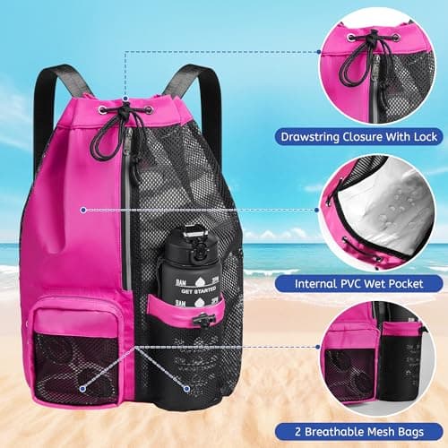 CHEPULA Swim Bag Mesh Drawstring Backpack with Wet Pocket, Waterproof Gym Bags for Beach Swimming Pool Gym Workout Men Women (Rose red) — view 3