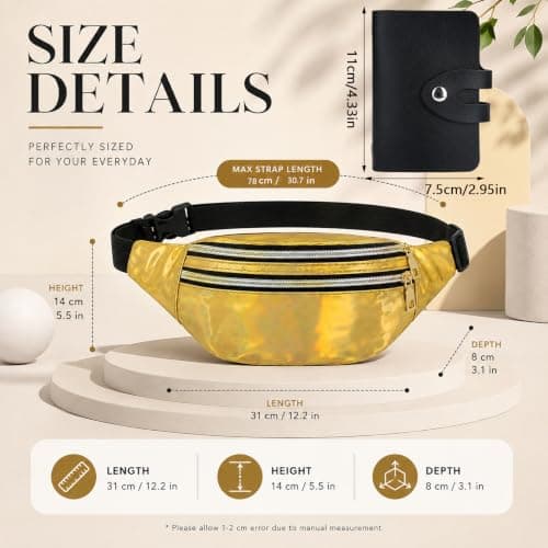 IPQNQVEY Waist Bag Women's Bum Bag Fashion Waterproof Bum Bag Women Belt Bag Compartments with 3 Compartments Adjustable Strap Waist Bag for Sports Travel Hiking Outdoor Travel (Gold) — view 2