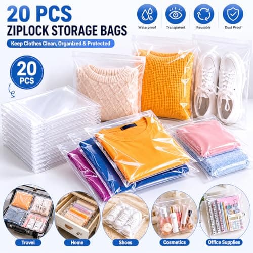 20 Pcs Ziplock Bags, 40 X 30cm Large Travel Clothes Storage Bags Reusable Clear Storage Bags with Zip Lock Seal Bag Waterproof Luggage Organiser for Clothes Shoes Cosmetics Offices Supplies — view 3