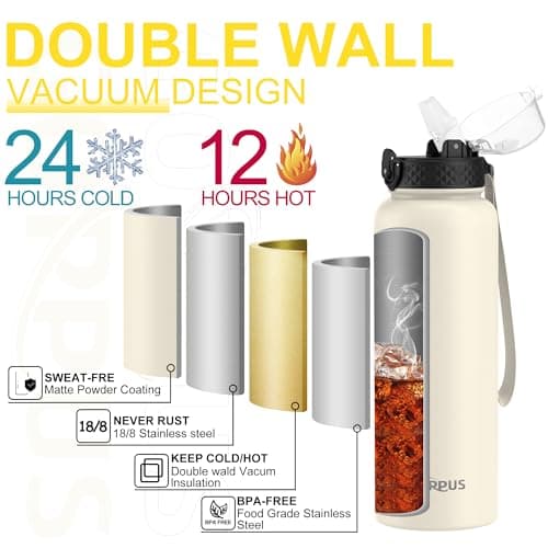 GOPPUS 1.2L/40oz Stainless Water Bottle with Straw Double Wall Insulated Bottles with Strap Large Vacuum Thermal Flask Leakproof Keep Cold Drinks Bottles with Flip Top Lid for Men Women BPA Free — view 5