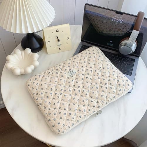 CHAMAIR Puffy Laptop Sleeve 15 Inch Cute Laptop Case Floral Quilted Laptop Sleeve Cute Aesthetic Cover Case 14'' 15'' (Blue 15in) — view 4