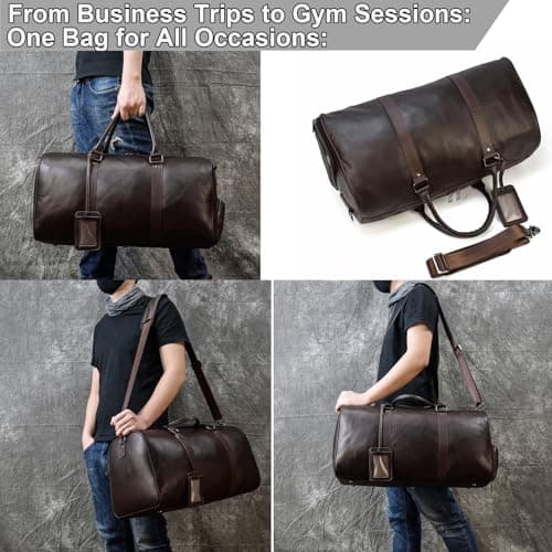 Yevabo Genuine Leather Duffel Bag for Men & Women, Cabin Friendly Carry-On Weekender Bag for Gym Travel Overnight Trips, Brown — view 5