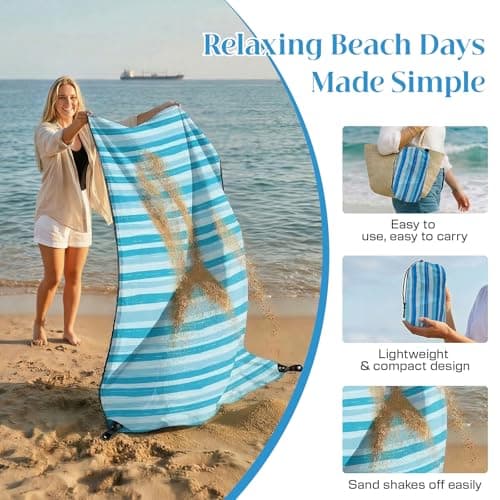 Beach Blanket Sandproof Waterproof, 213 x 213 cm Large Beach Mat with Stakes & Travel Bag, Lightweight,Quick-Dry, Portable Picnic Mat Beach Essentials for Outdoors,Cruise,Picnic & Camping, Ocean Wave — view 4