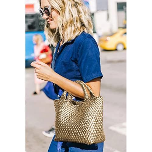 Dyalsa Woven Tote Bag for Women, Vegan Leather Handbag Large Summer Beach Bag and Purse Retro Handmade Travel Shoulder Bag (Gold) — view 2
