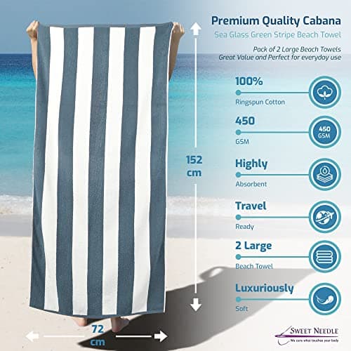 SweetNeedle Beach Towels for Adults Pack of 2 - Sea Glass Green Cabana Striped Classic - 100% Cotton Terry Ringspun Pool Towel, Quick Dry, Super Absorbent Swimming large towel, 76 x 152 cm — view 2
