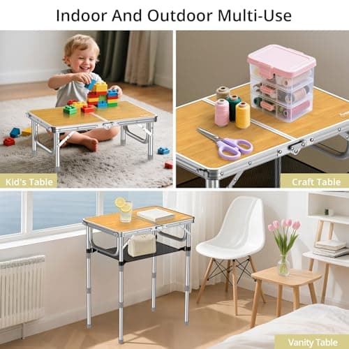 Anbte 2ft Camping Table Foldable, 3 Adjustable Heights High 27.5" Aluminum Small folding table with Carrying Handle, Portable, for Outdoor Indoor Picnic Beach BBQ Travel, 24" x 16", Light Oak Grain — view 4