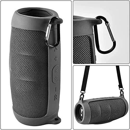 BeisDirect Silicone Case Cover for JBL Charge 5 Bluetooth Speaker, Portable Scratch Shock Sleeve Travel Carrying Protective Cover with Shoulder Strap and Carabiner (Black) — view 3