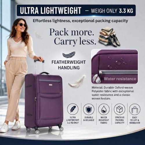 DK Luggage Ultra Lightweight Only 3.3kg Large 28 Inch Soft Shell Suitcase, 4 Wheel Spinner Checked Luggage 23kg–25kg Capacity, Expandable Travel Case (WLS Purple, Large) — view 3