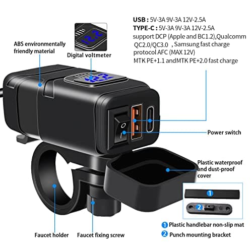 Kriogor Motorcycle Car Charger with QC 3.0 USB Socket and Type-C Port, IP65 Waterproof Dustproof Motorbike USB Adapter with 6-30V LED Voltmeter and On/Off Switch for 12V Boat Marine SUV (Blue) — view 2