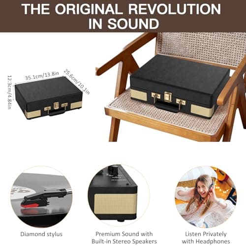 Trynnay Record Player 3 Speed Bluetooth Portable Suitcase Vinyl Player with Built-in Speakers Turntable Enhanced Audio Sound Waxed Leather Vintage Black — view 5