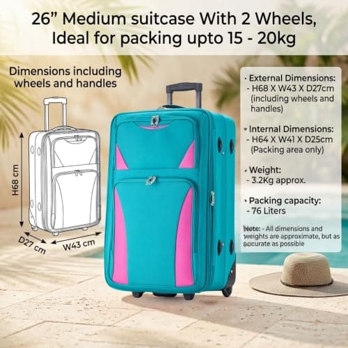 DK Luggage 26" Medium Lightweight Suitcases Expandable Trolley case with 2 Wheels DK16 (Aqua, 26" Medium) — view 2