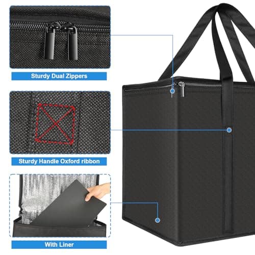 Esilihom 2 Pack Cooler Bag with Base, 35L Large Insulated Thermal Bag for Hot & Cold Food, Reusable Grocery Tote with Zipper, Pizza Delivery/Picnic/Camping/Men/Women — view 4