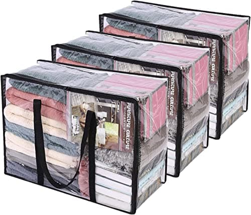 Vieshful 3 Pack Clear Comforter Storage Bag, 40L Clothes Storage Bag with Zipper Closet Organizer, Plastic Storage Containers Moving bags for Comforter, Blanket, Bedding, Duvet, Toys
