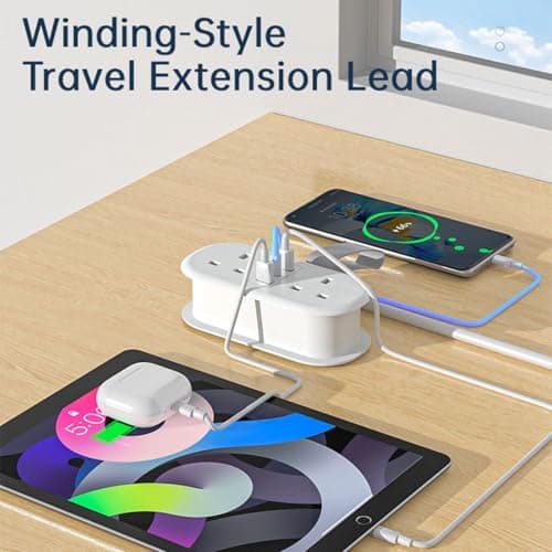 HITRENDS Travel Extension Lead with USB Slots, PD 20W USB C Fast Charger, 2 Plug Power Strip with 3 USB Ports (13A 3250W), Rollable Extension Cord 1.4M for Travel Office Home Camping — view 3