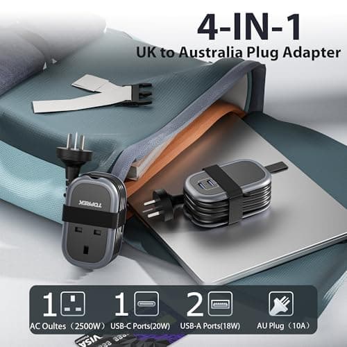 TOPREK UK to Australia Plug Adapter with 1.06M Lead, PD 38W Fast Charger Travel Plug Adaptor with 2 USB-A and 1 USB-C for Australia China New Zealand Fiji Argentina (Type I) — view 2