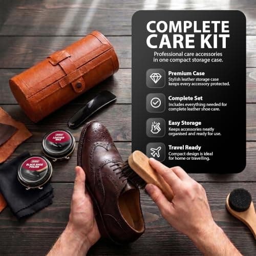 ZENO Shoe Polish Kit 7PC | Leather Shoe Care Set with Black Polish, Wax, Horsehair Brush, Dauber, Cloth, Shoe Horn & Premium Storage Case | For Leather Shoes, Boots, Bags, Belts, Wallets & Travel — view 3