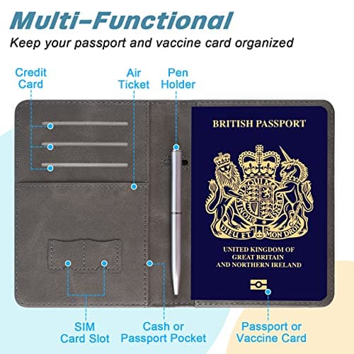 DMLuna Passport Holder, Premium PU Leather Travel Passport Wallet RFID Blocking Passport Cover Case Travel Documents Organizer with Pen Holder, for Women and Men - Grey — view 4