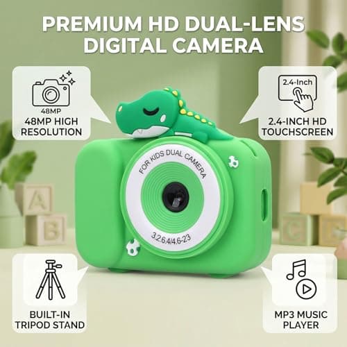Jectse Kids Digital Camera, 48MP 1080P HD Dual Lens Selfie Camera with 8X Zoom Tripod Games Music Filters, for Boys Girls Age 3-12 Birthday Gift Travel Use — view 3