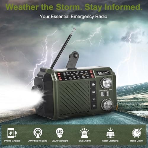 Wind Up Emergency Radio with 2600mAh Power Bank - Solar, Hand Crank & USB-C Charging, FM/AM/Shortwave, Torch & SOS for Survival Kits (Green) — view 3