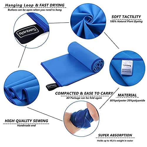 Rainberg Microfiber Towel (180x90cm), Large Gym Towel, Quick Dry Towel – Fast Drying, Super Absorbent, Ultra Compact, Lightweight, Great for Camping, Gym, Beach & Swimming (Blue) — view 6