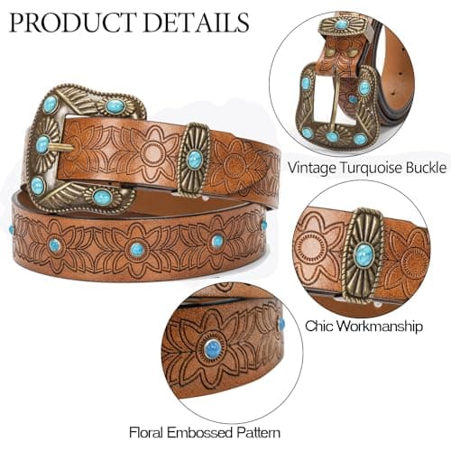 Vikodah Western-Leather-Belts for Women Turquoise-Oval-Buckle Embossed Cowgirl Belt for Jeans Pants — view 3